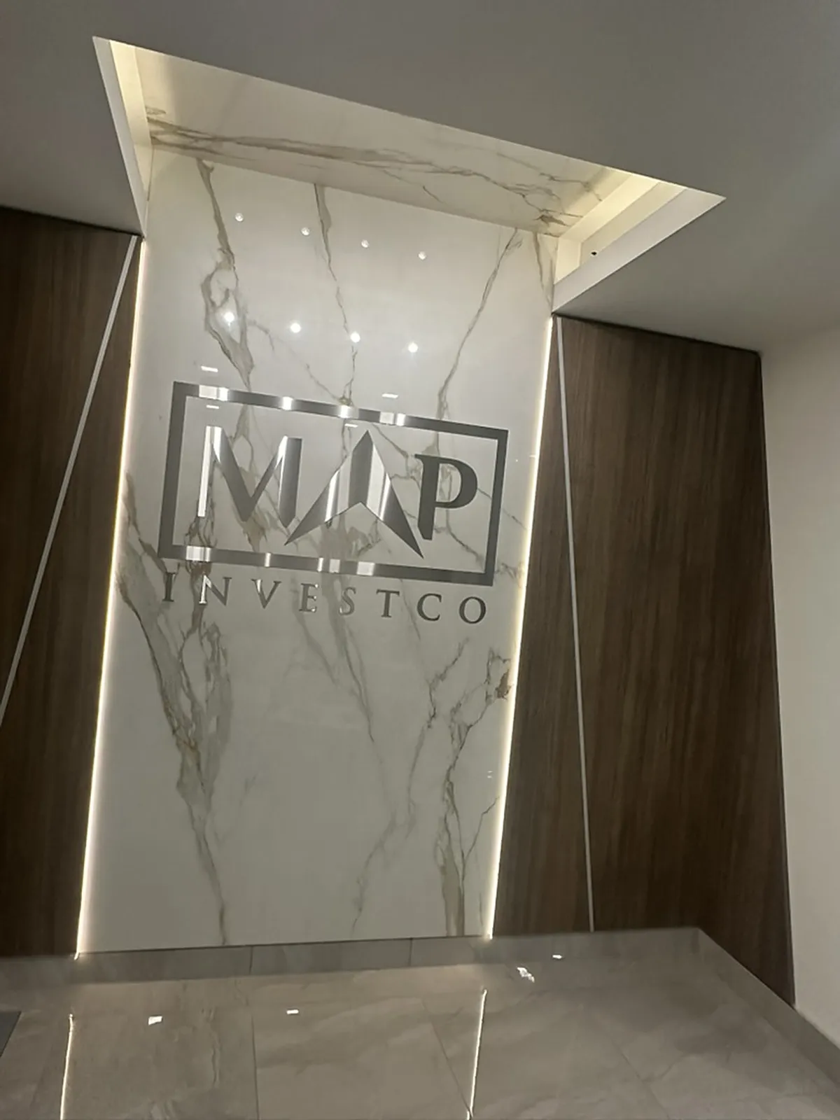 Marble reception feature wall with integrated LED lighting