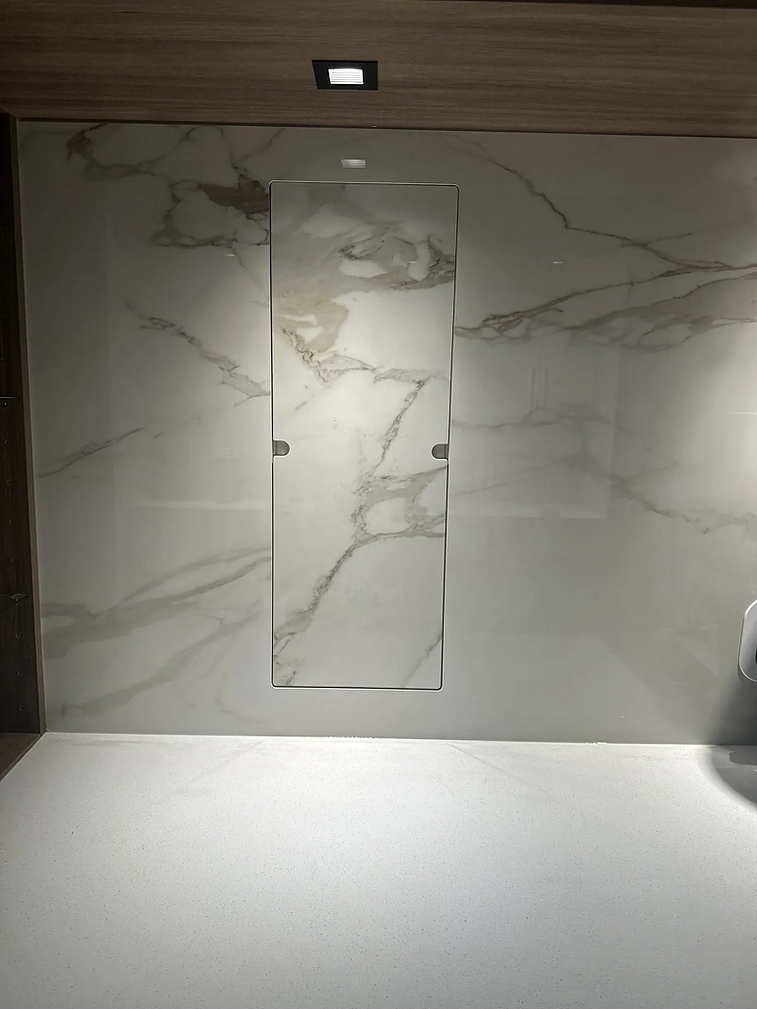 Marble-panel wall with a flush concealed door