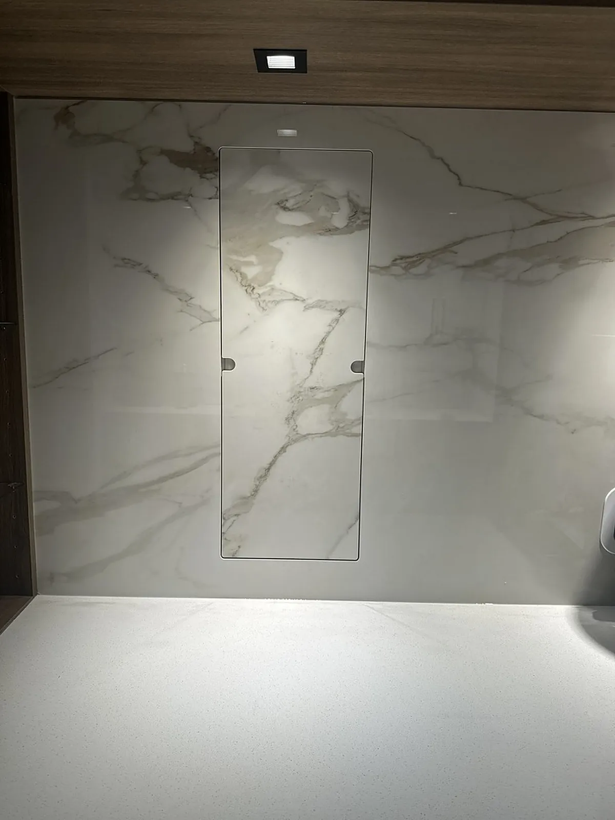 Marble-panel wall with a flush concealed door